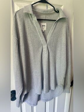 Aerie Light Gray Waffle Knit Collared Pullover Top, Oversized Small